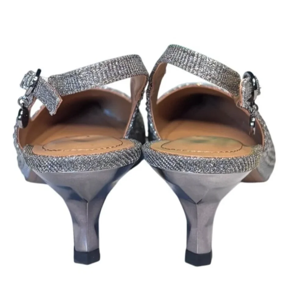 R J. Renee Ferryanne Rhinestone Glitter Fabric Slingback Pumps Silver 7.5 New - Picture 12 of 14